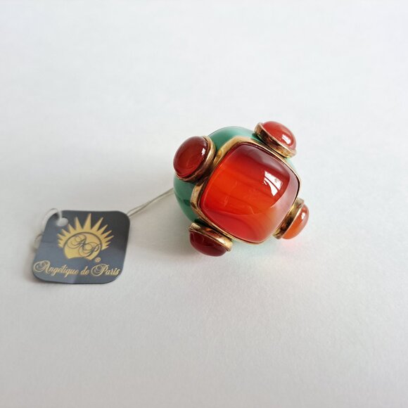 New Angelique de Paris Large Square Orange Natural Stones Blue Ring Size 7 - Picture 3 of 17